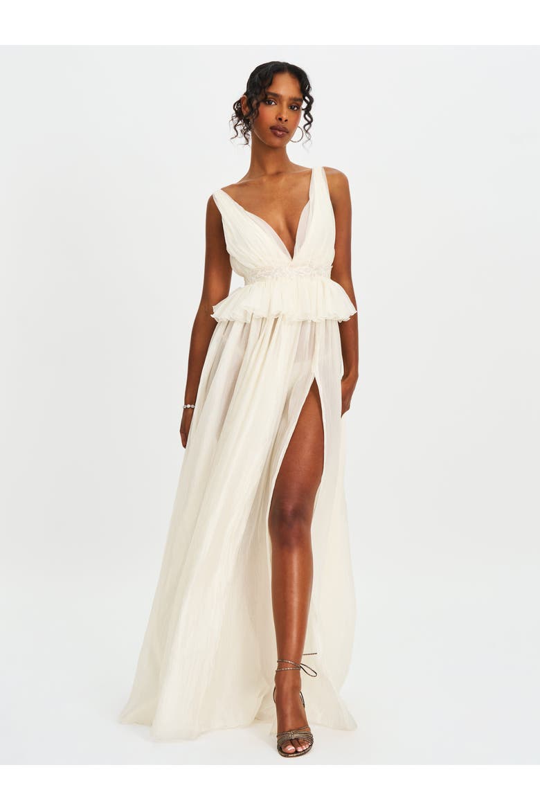 Calleigh Flare Beaded Belt Maxi Gown, Alternate, color, Silver-shiny off-white