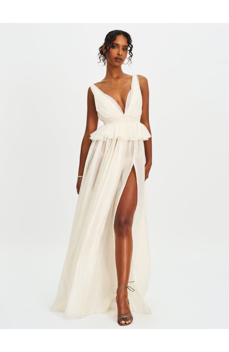 Miss Circle Calleigh Flare Beaded Belt Maxi Gown, Alternate, color, Silver-Shiny Off-White