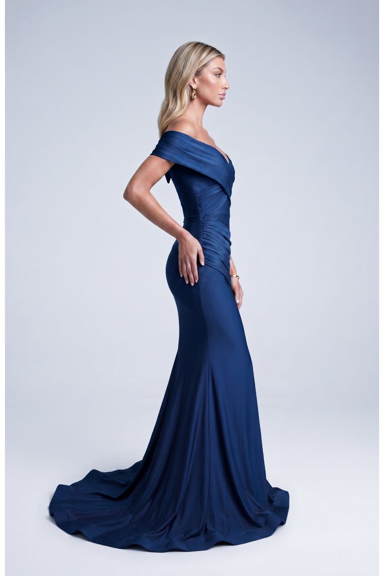 Off The Shoulder Ruched Mermaid Evening Gown, Alternate, color, Navy