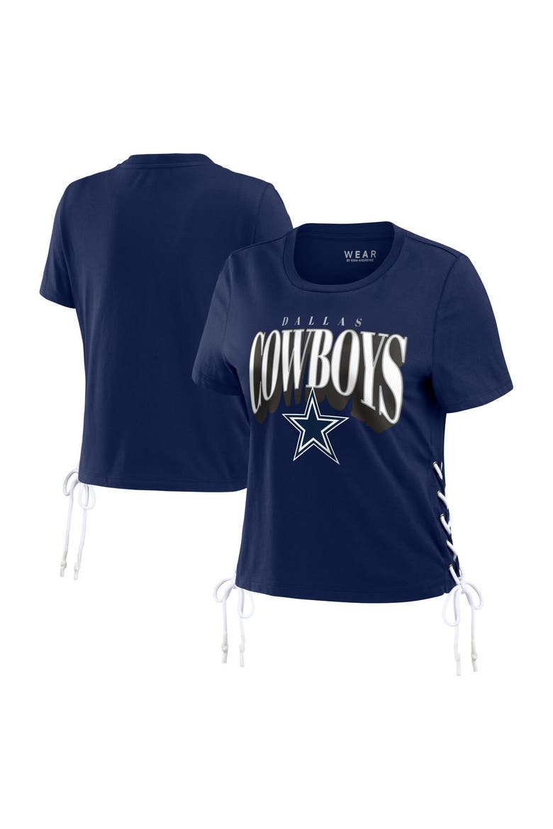 Women's WEAR by Erin Andrews Navy Dallas Cowboys Lace Up Side Modest Cropped T-Shirt, Main, color, Navy