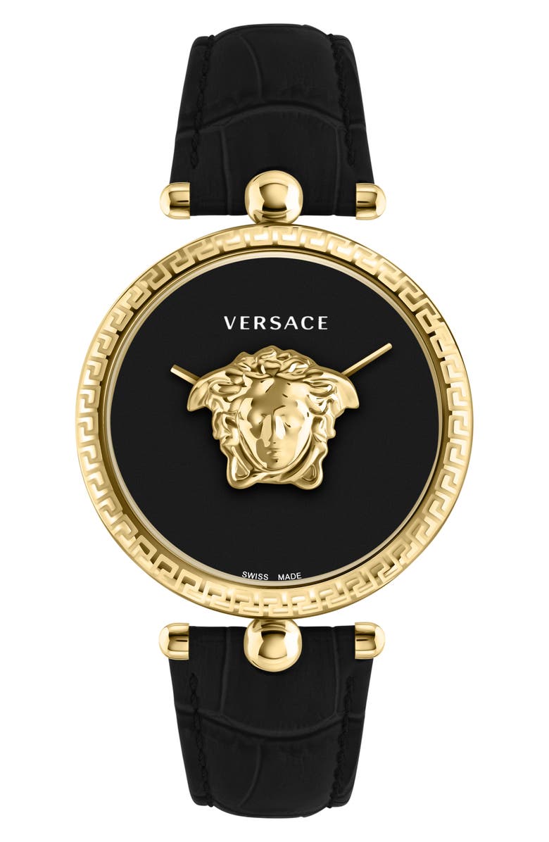 Versace Palazzo Empire Two Hand Quartz Leather Strap Watch, 39mm, Main, color, Gold