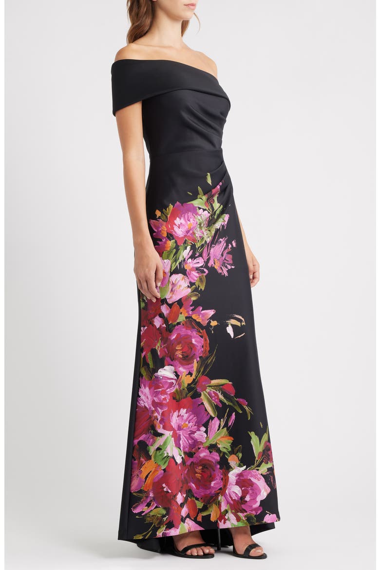 Placed Floral One-Shoulder Gown, Alternate, color, BLACK MULTI