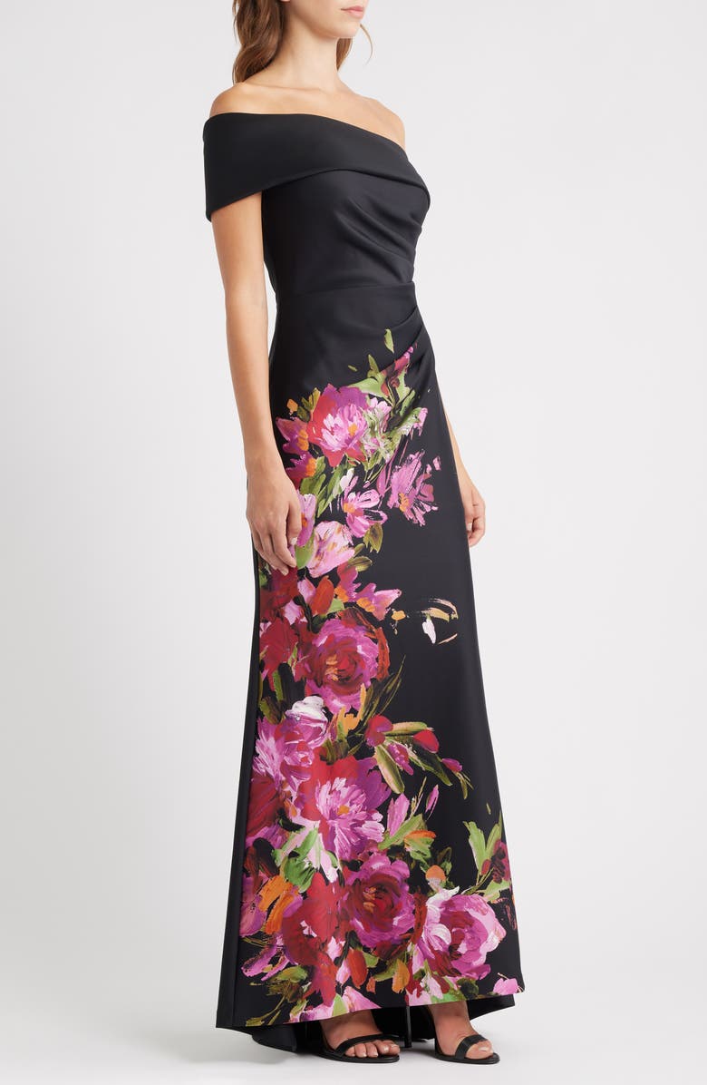 Eliza J Placed Floral One-Shoulder Gown, Alternate, color, Black Multi