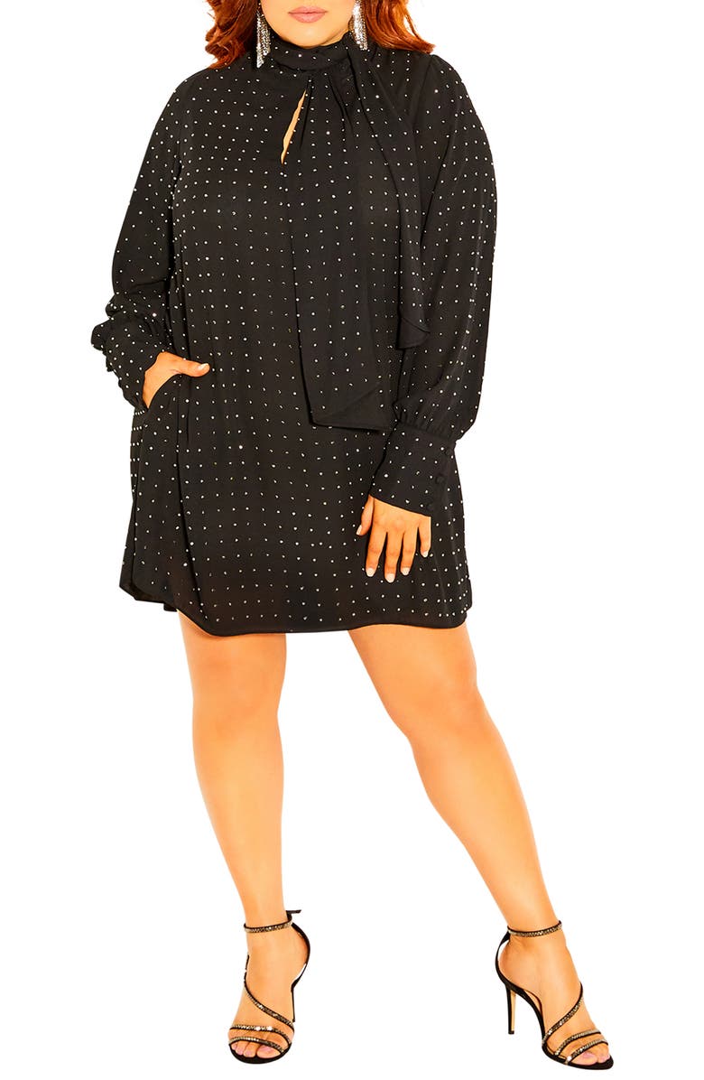 City Chic Nailhead Studded Long Sleeve Tunic Dress, Main, color, Black