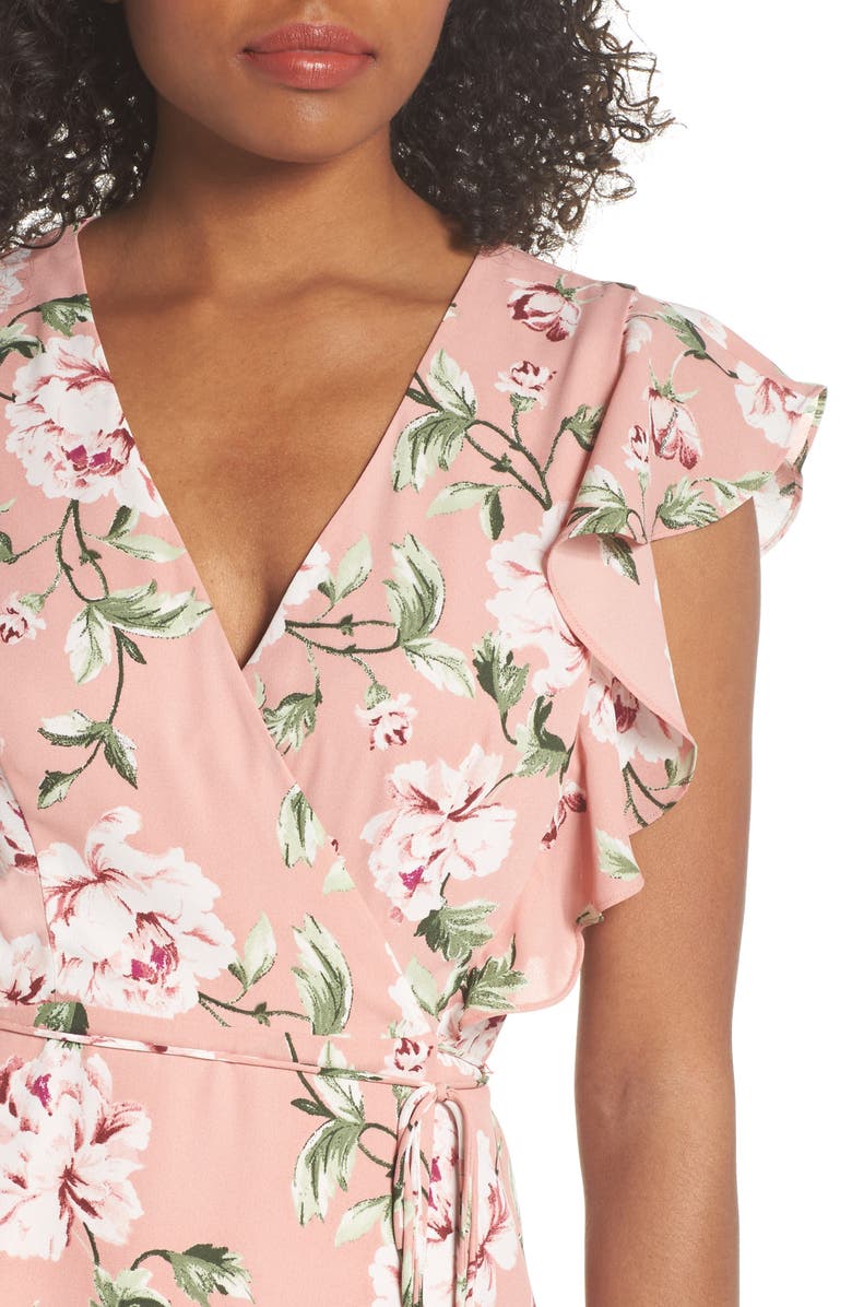 Charles Henry Ruffle Sleeve Floral Wrap Dress, Alternate, color, 