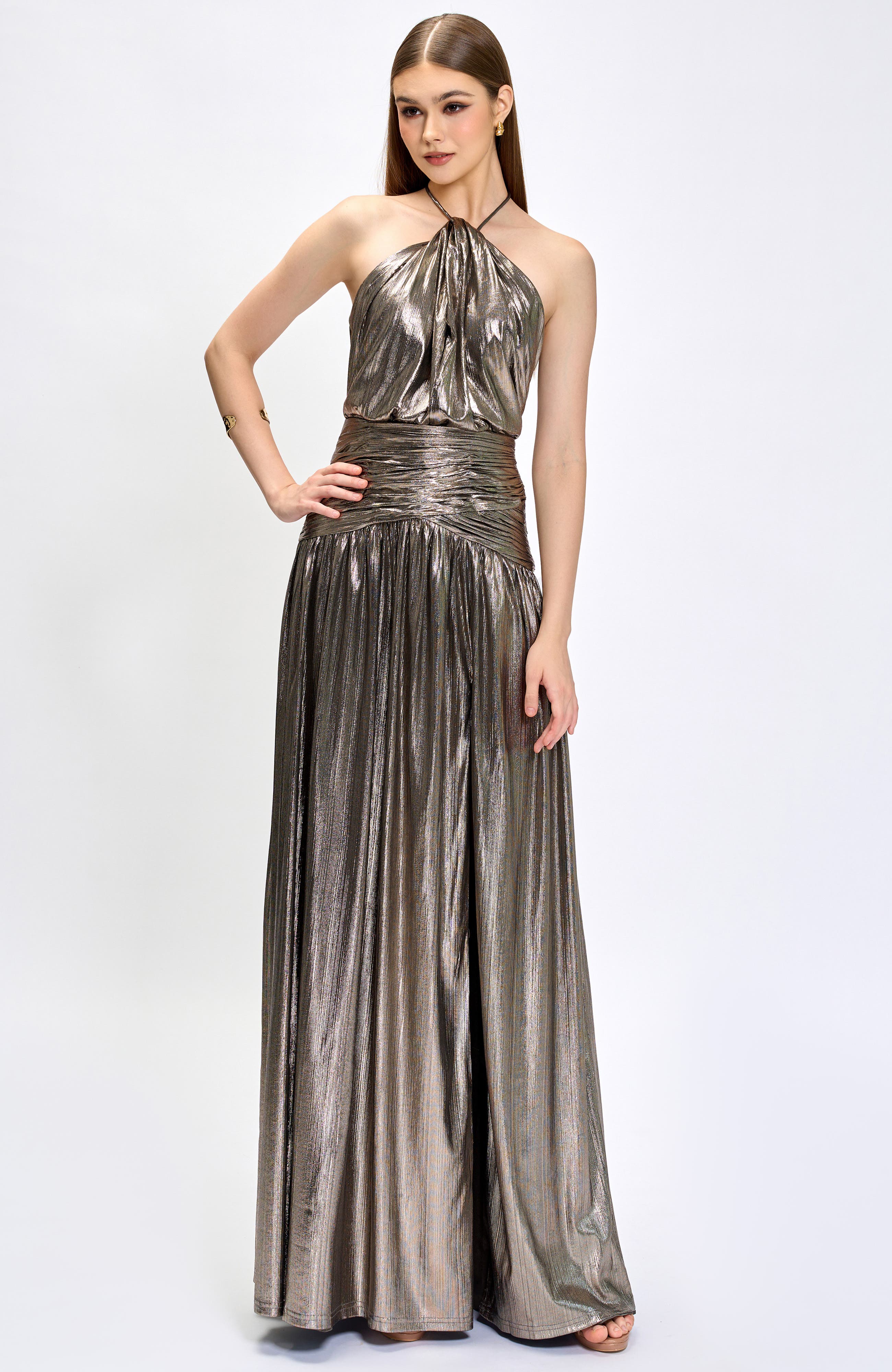 Bariano Aisha Ruched High Neck Gown in Gold 