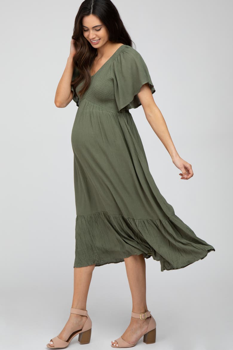 Smocked Ruffle Dress, Alternate, color, Olive Green