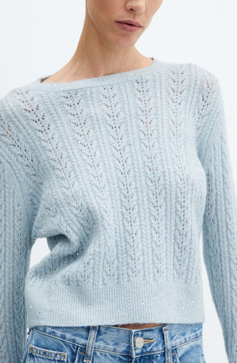 MANGO Sequin Cable Sweater, Alternate, color, Sky Blue