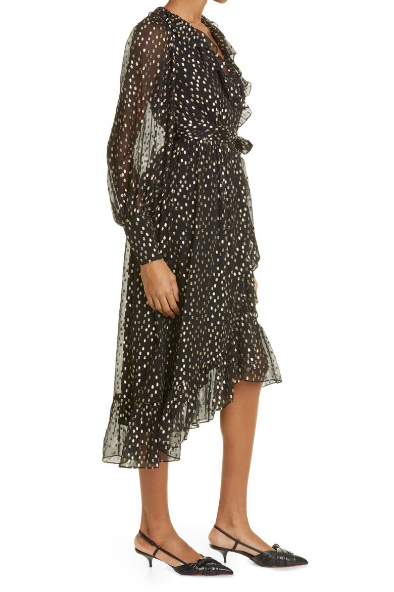 Ruffle Long Sleeve Silk Blend Fil Coupé Wrap Dress, Alternate, color, BLACK