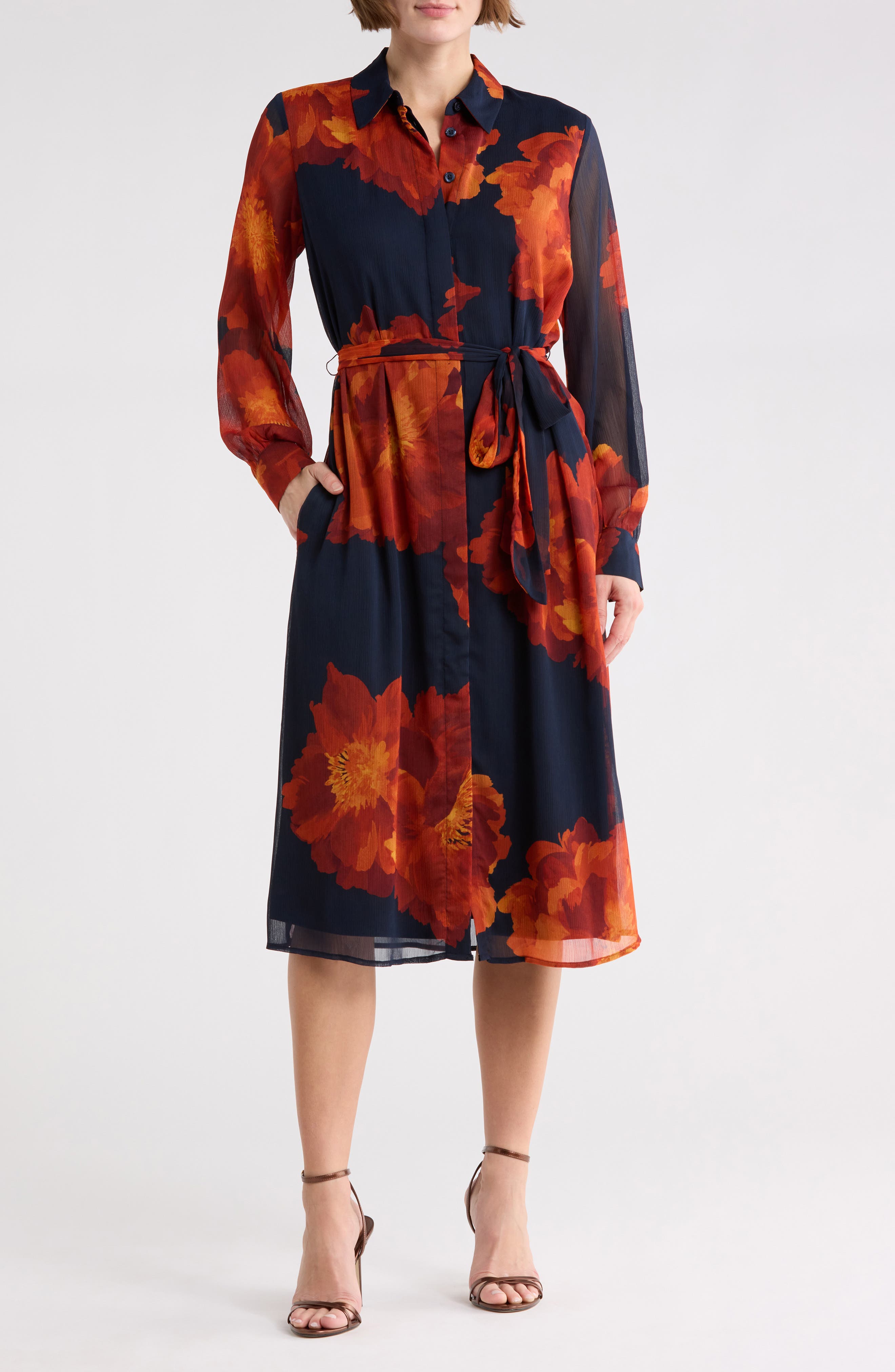 Calvin Klein Long Sleeve Chiffon Midi Dress