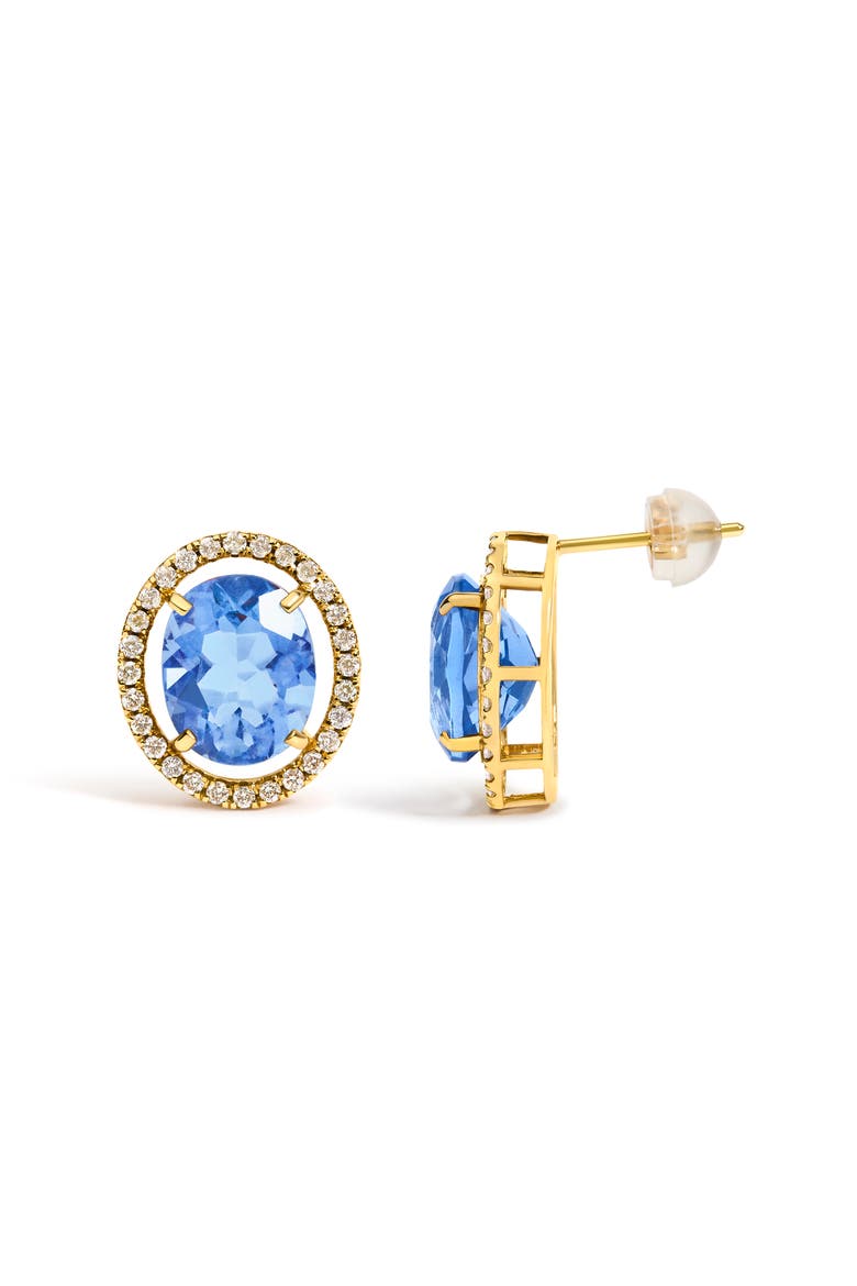 18K Yellow Gold 8X10 MM Blue Fluorite Oval and 1/2 Cttw Diamond Halo Stud Earrings, Alternate, color, Yellow Gold