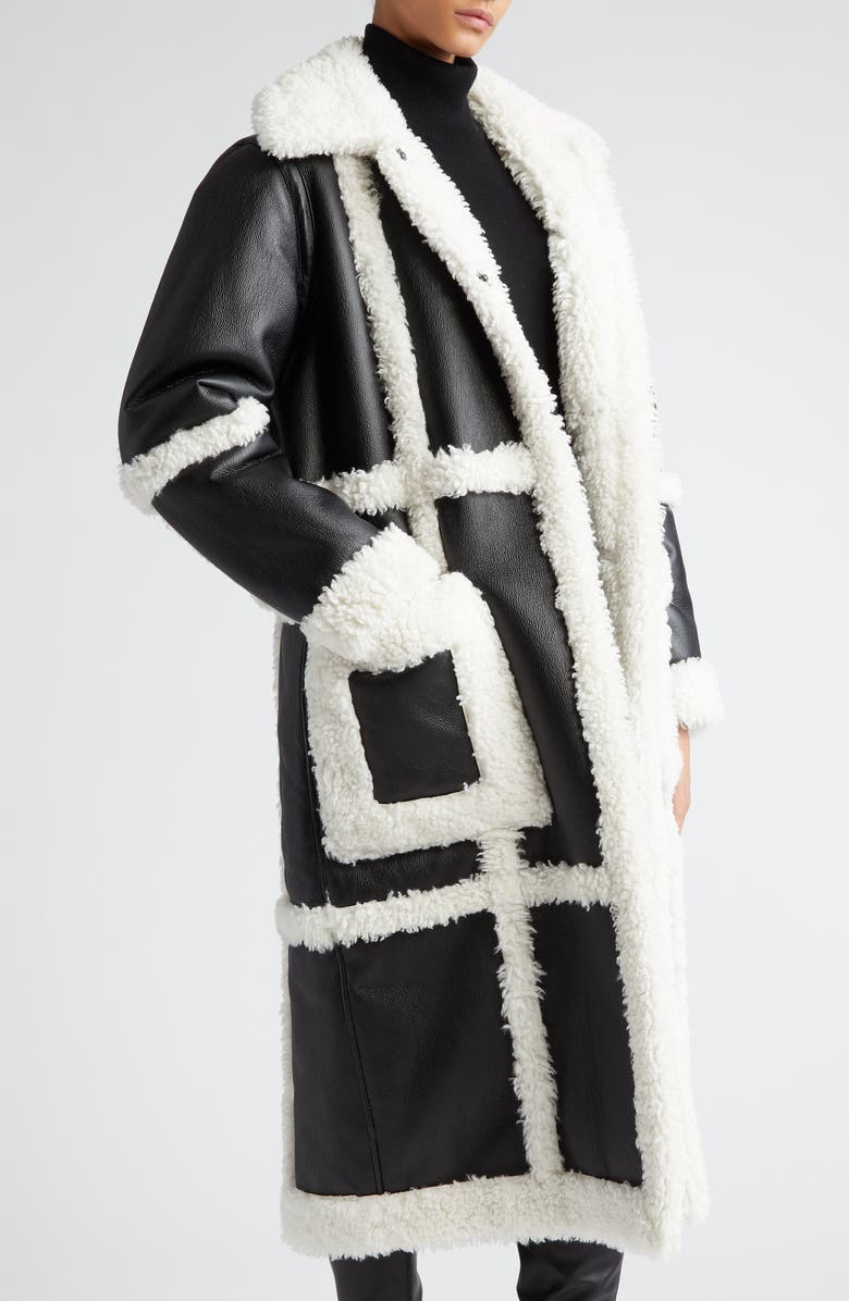 Stand Studio Patrice Faux Leather Coat with Faux Shearling Trim, Alternate, color, Black/ Off White