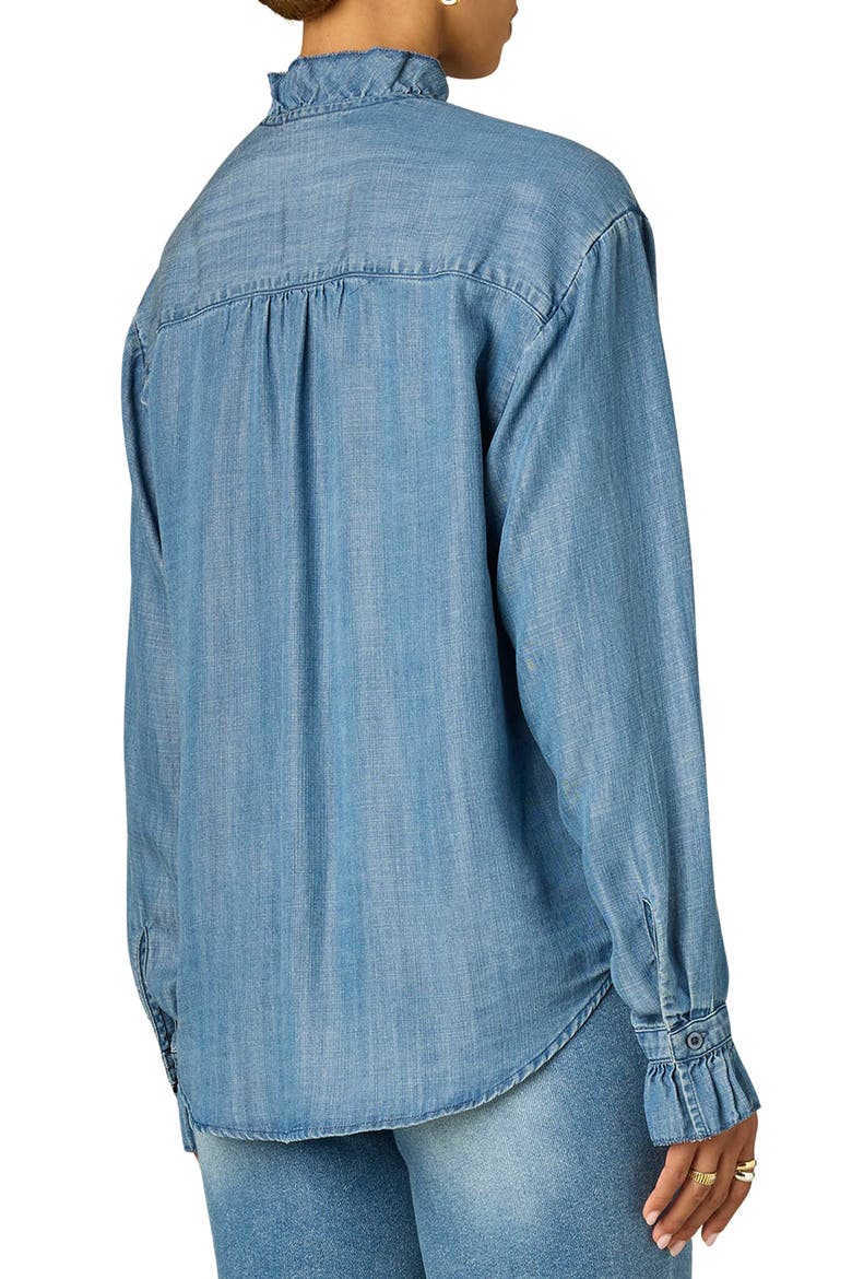 Ruffle Neck Lyocell Chambray Shirt, Alternate, color, MID BLUE