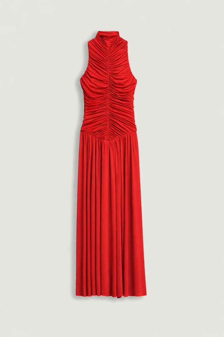 Ruched High-Neck Maxi Dress, Alternate, color, Red