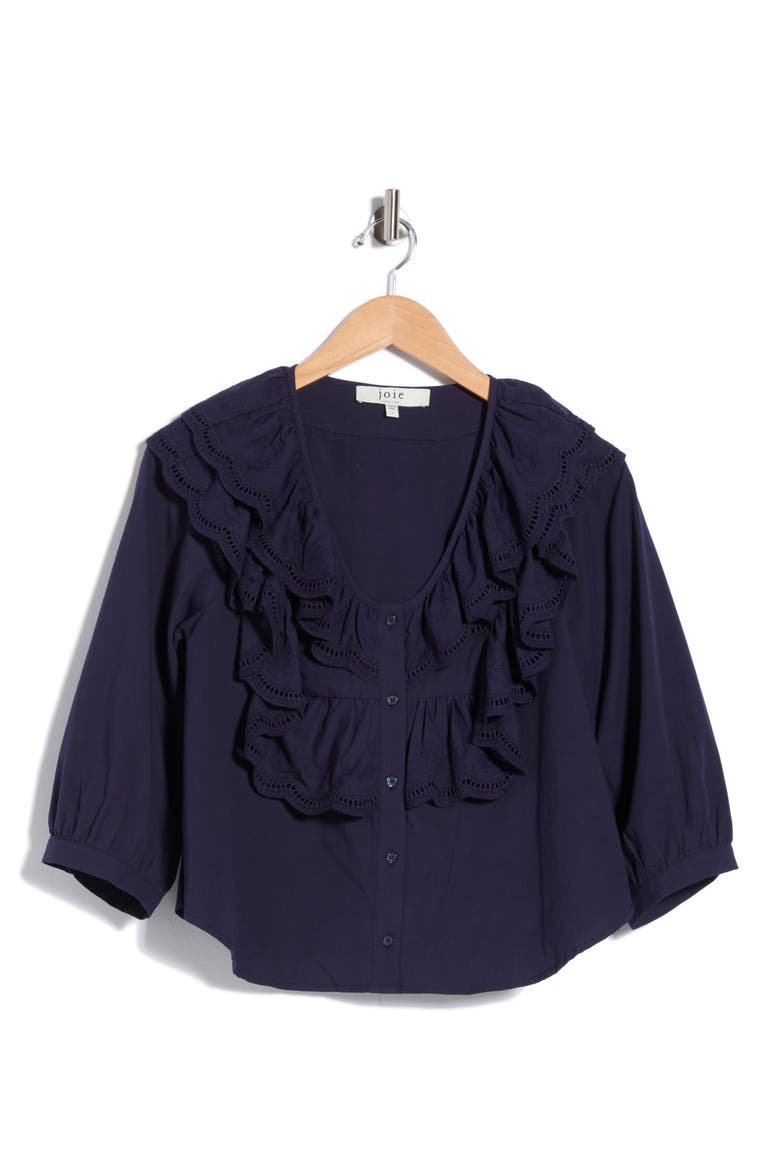 Double Ruffle Collar Button Front Top, Main, color, NAVY