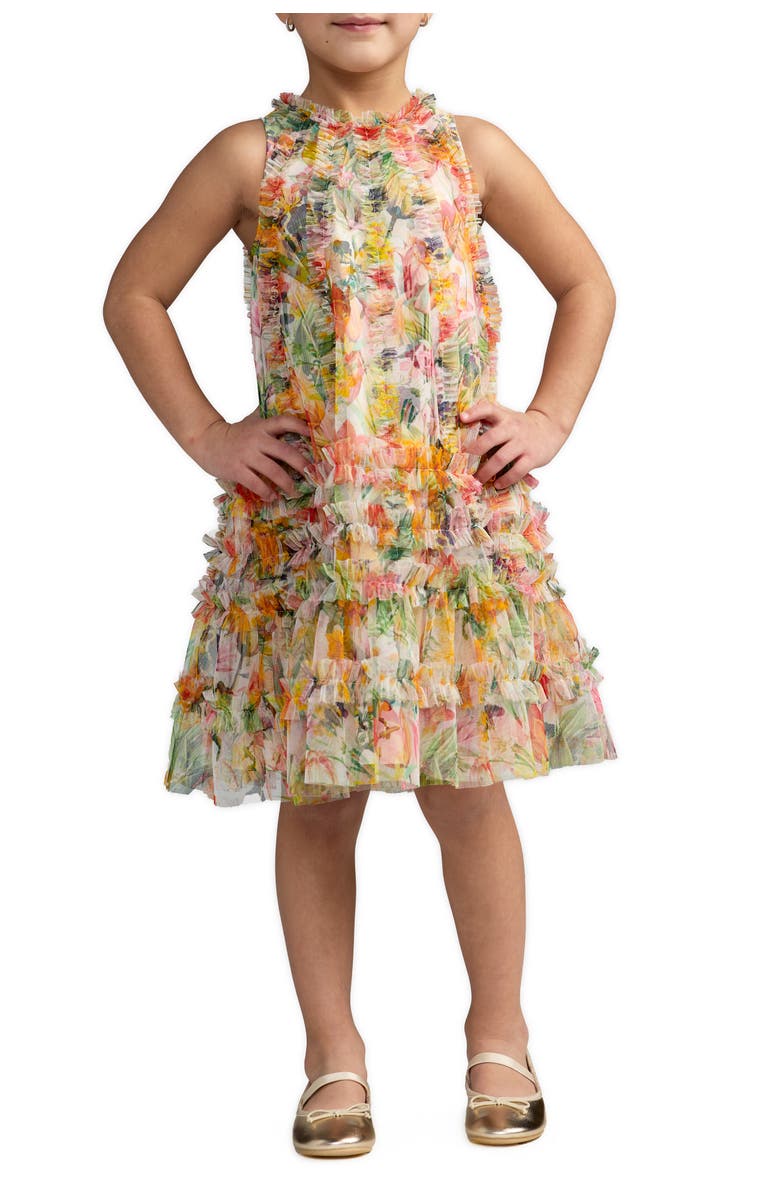 Mac Duggal Girls Mesh Floral Print A-Line Dress, Main, color, Multi