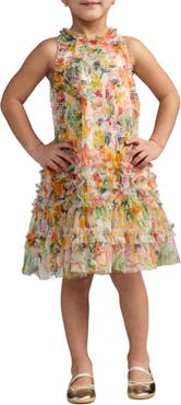 Mac Duggal Girls Mesh Floral Print A-Line Dress