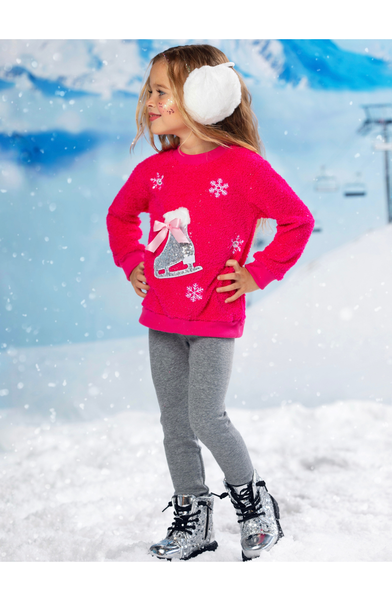 Mia Belle Girls Twinkle Sequin Ice Skate Fuzzy Sweater, Alternate, color, Pink