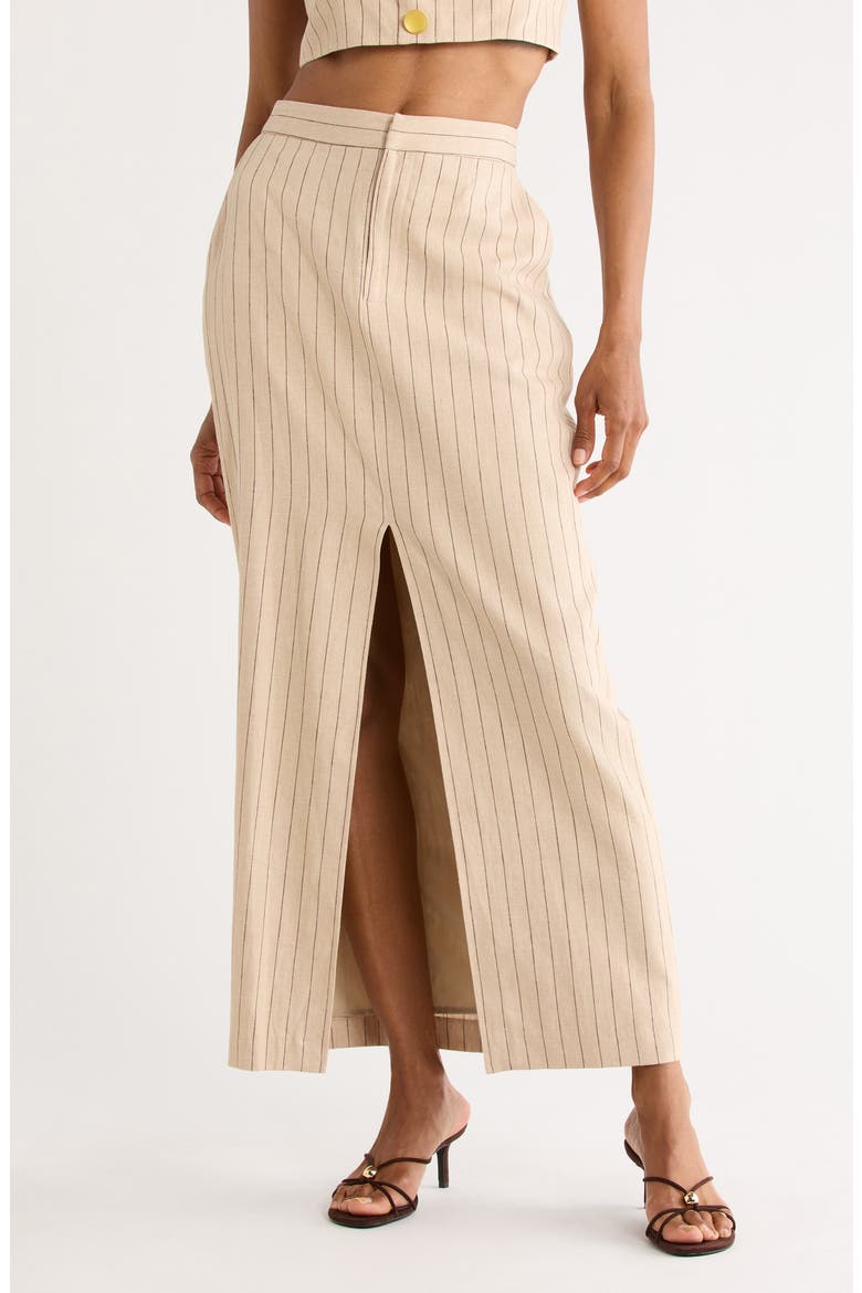 Maceline Pinstripe Linen Blend Maxi Skirt, Main, color, TAN/ BROWN PINSTRIPE