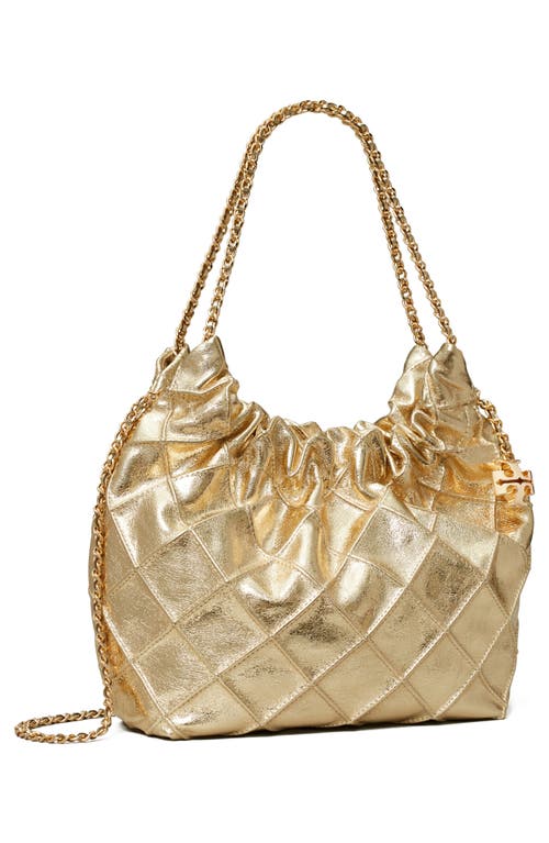 Tory Burch Mini Fleming Metallic Leather Hobo Bag In Gold