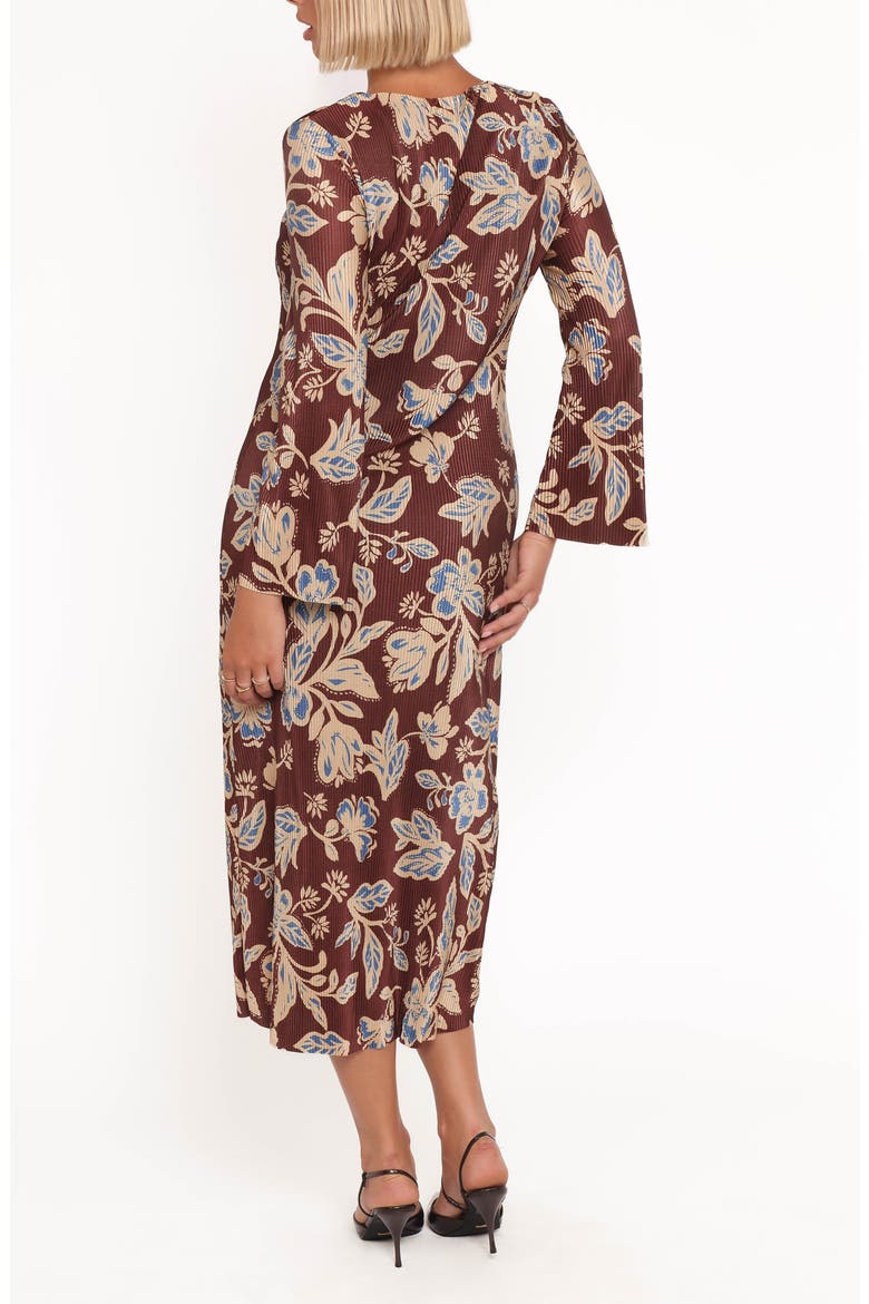 Morena Plissé Long Sleeve Midi Dress, Alternate, color, BROWN FLORAL