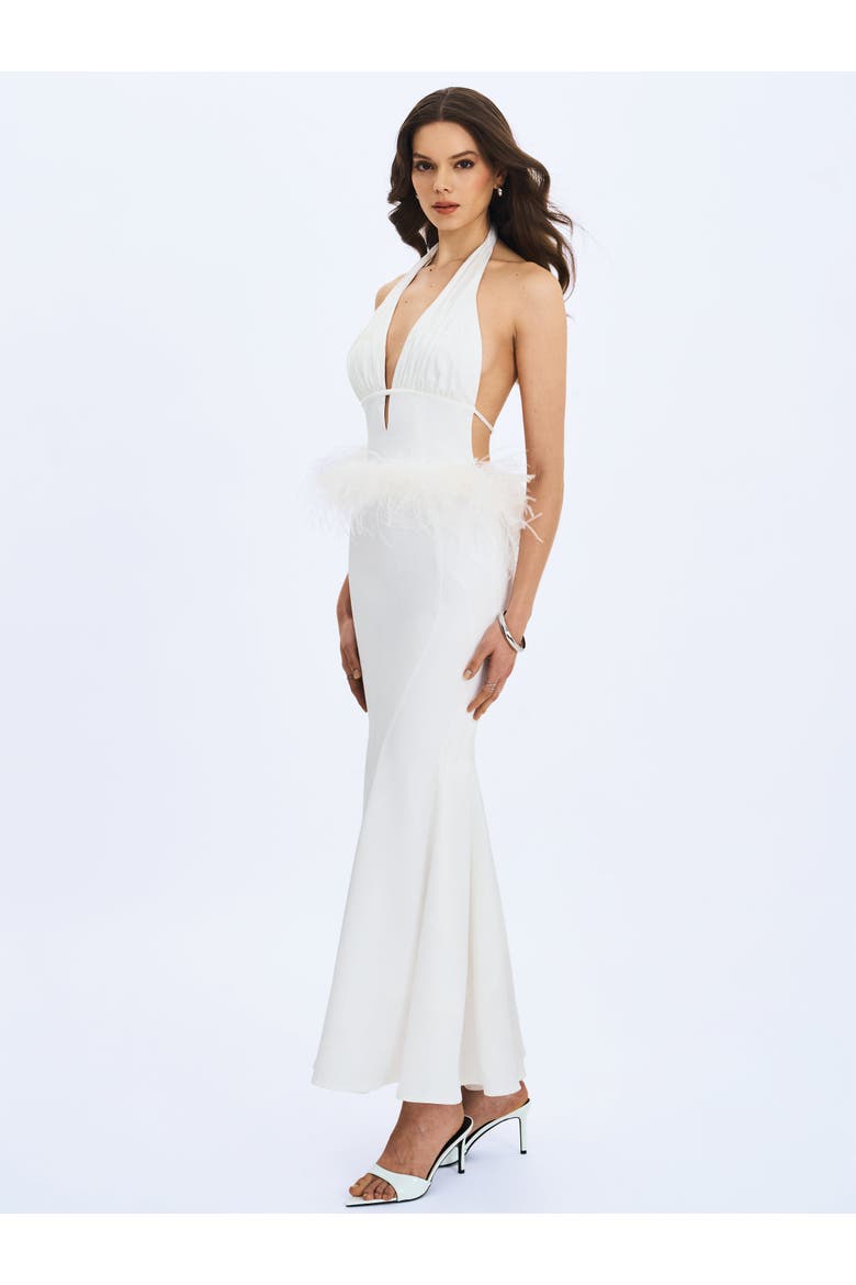 Solene Pleated Halter Backless Faux Feather Trim Maxi Dress, Alternate, color, White