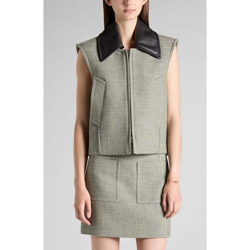 Shop Bottega Veneta Mélange Vest With Removable Leather Collar In Green/fennel/white