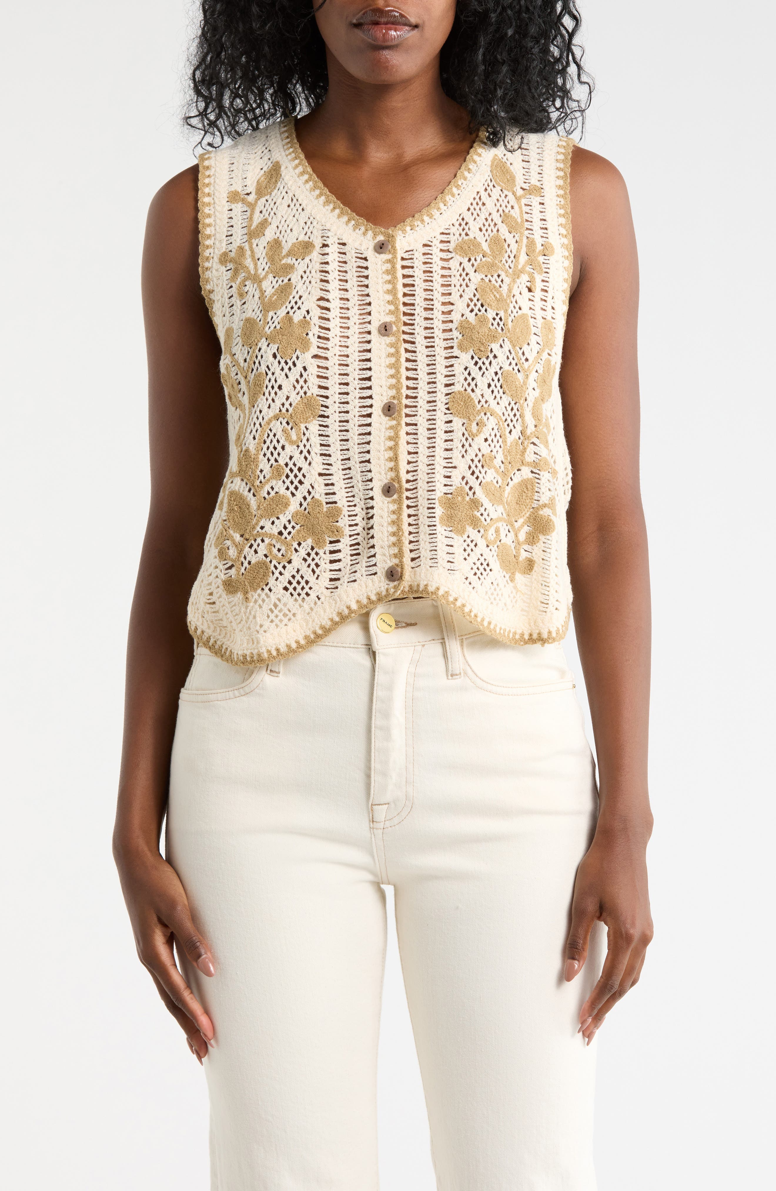 Forgotten Grace Floral Embroidered Open Knit Button Tank