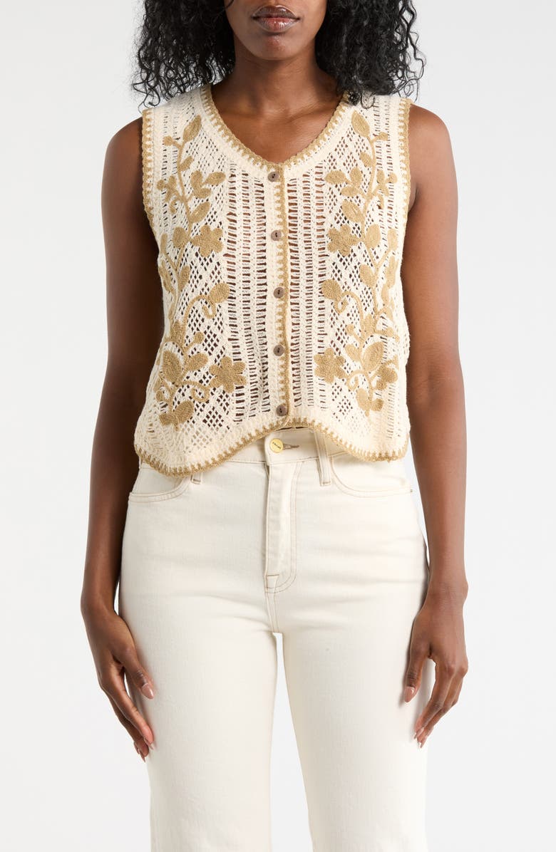 Forgotten Grace Floral Embroidered Open Knit Button Tank, Main, color, Natural/ Mocha