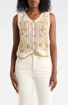 Forgotten Grace Floral Embroidered Open Knit Button Tank