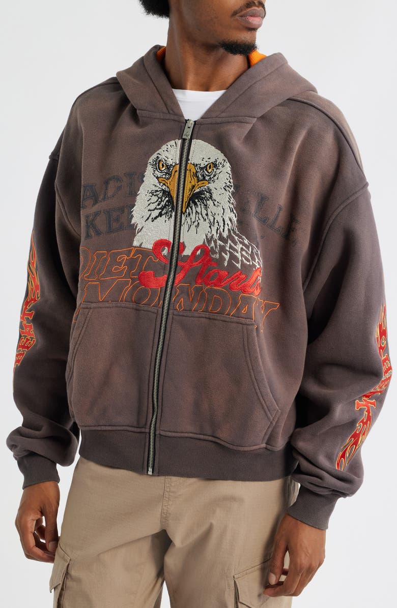 DIET STARTS MONDAY Hell Bent Embroidered Half Zip Cotton Graphic Hoodie, Alternate, color, Vintage Brown/ Orange