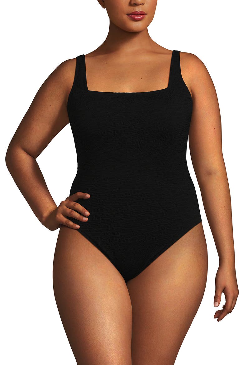 Womens Boucle Square Neck Scoop Back One Piece Swimsuit, Alternate, color, Black