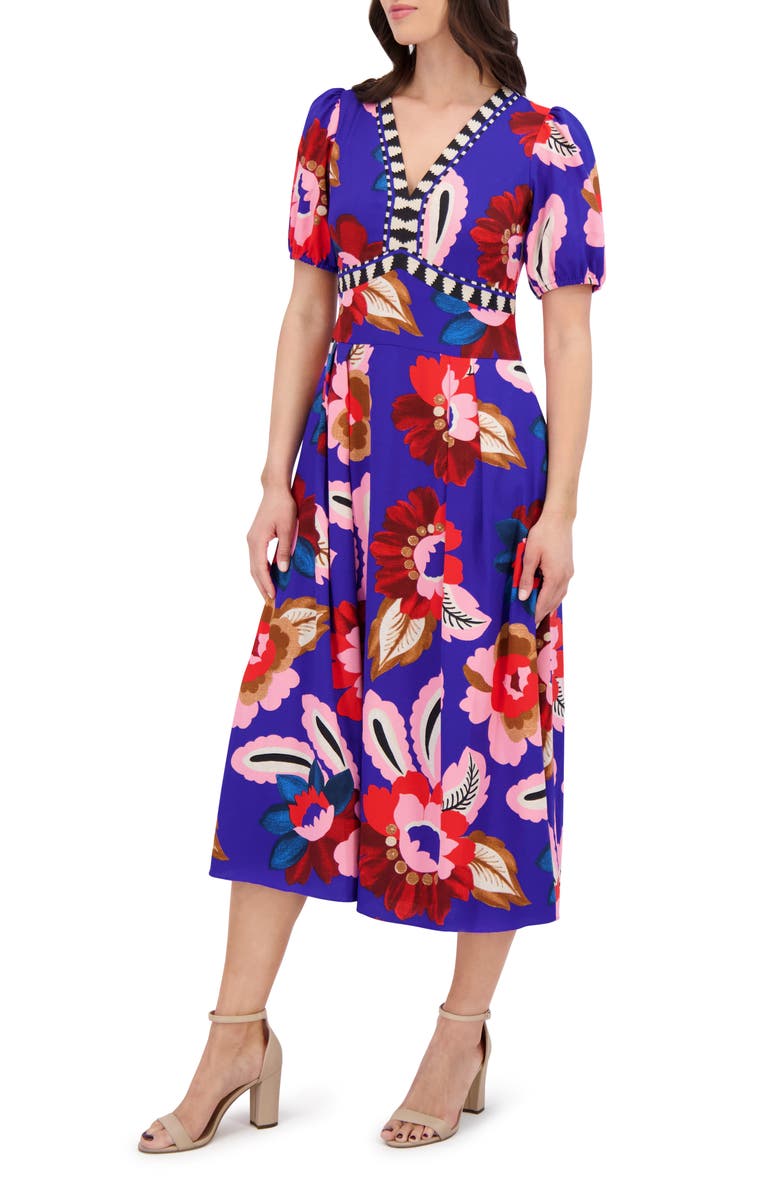 Kensie Puff Sleeve Midi Dress, Alternate, color, Cobalt Multi