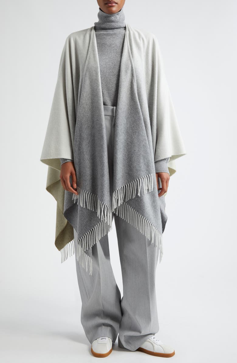 Johnstons of Elgin Ombré Fringe Trim Cashmere Cape, Main, color, Olive / Grey