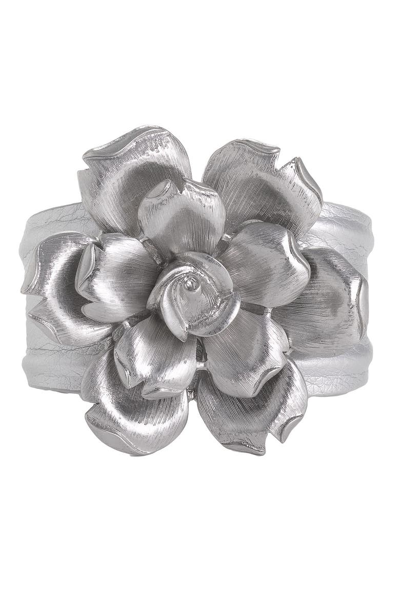 Metal Flower Leather Cuff, Main, color, SILVER/ LIGHT GREY