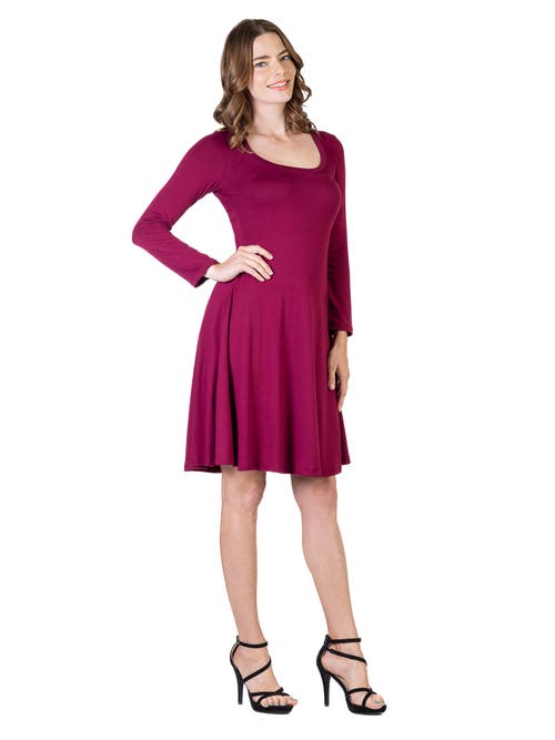 24seven Comfort Apparel Classic Long Sleeve Flared Mini Dress In Purple
