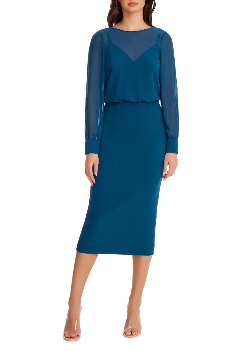 Pilar Mixed Media Long Sleeve Dress, Main, color, PEACOCK BLUE