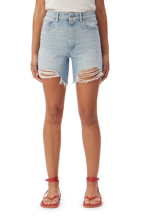 Emilie Ripped High Waist Fray Hem Denim Shorts (Fountain)