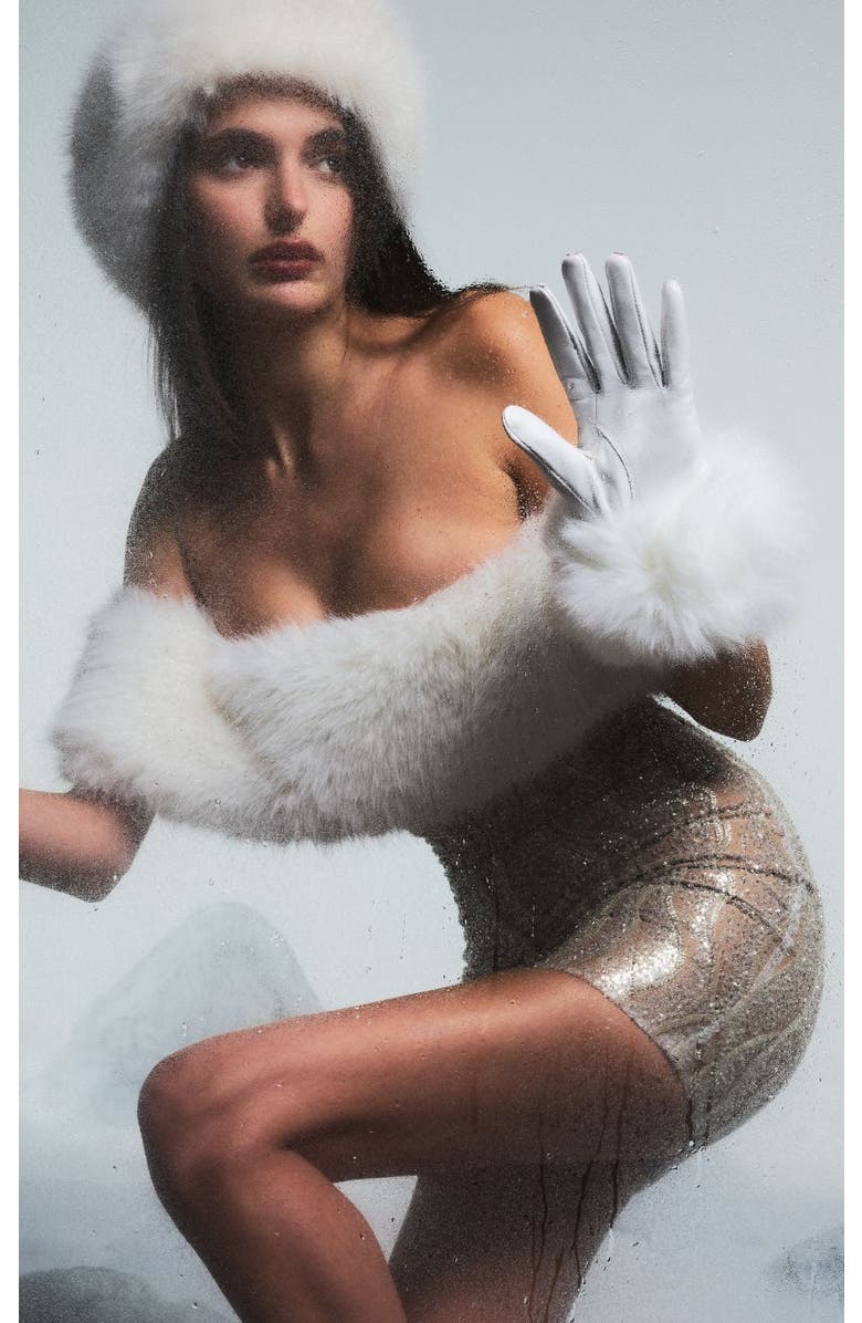 Miss Circle Averie Faux Fur Off Shoulder Sequin Mini Dress, Alternate, color, White/Beige