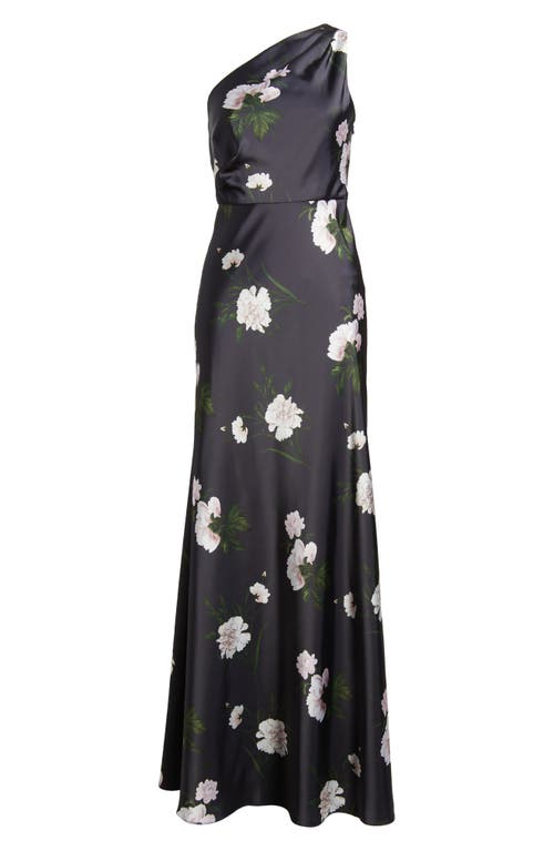 Shop Sachin & Babi Delphine Floral One-shoulder Satin Crepe Gown In Dark Midnight Carnations