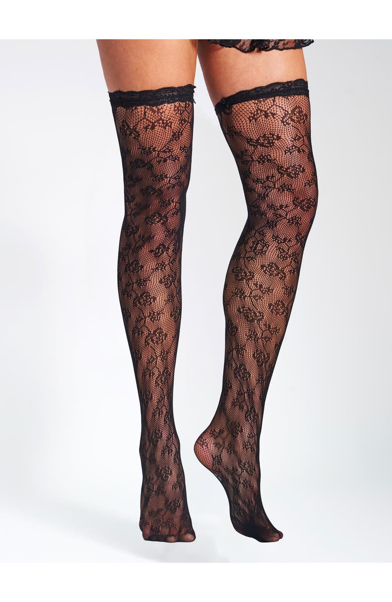 Miss Circle Lace Floral Print Thigh High Stockings, Alternate, color, Black