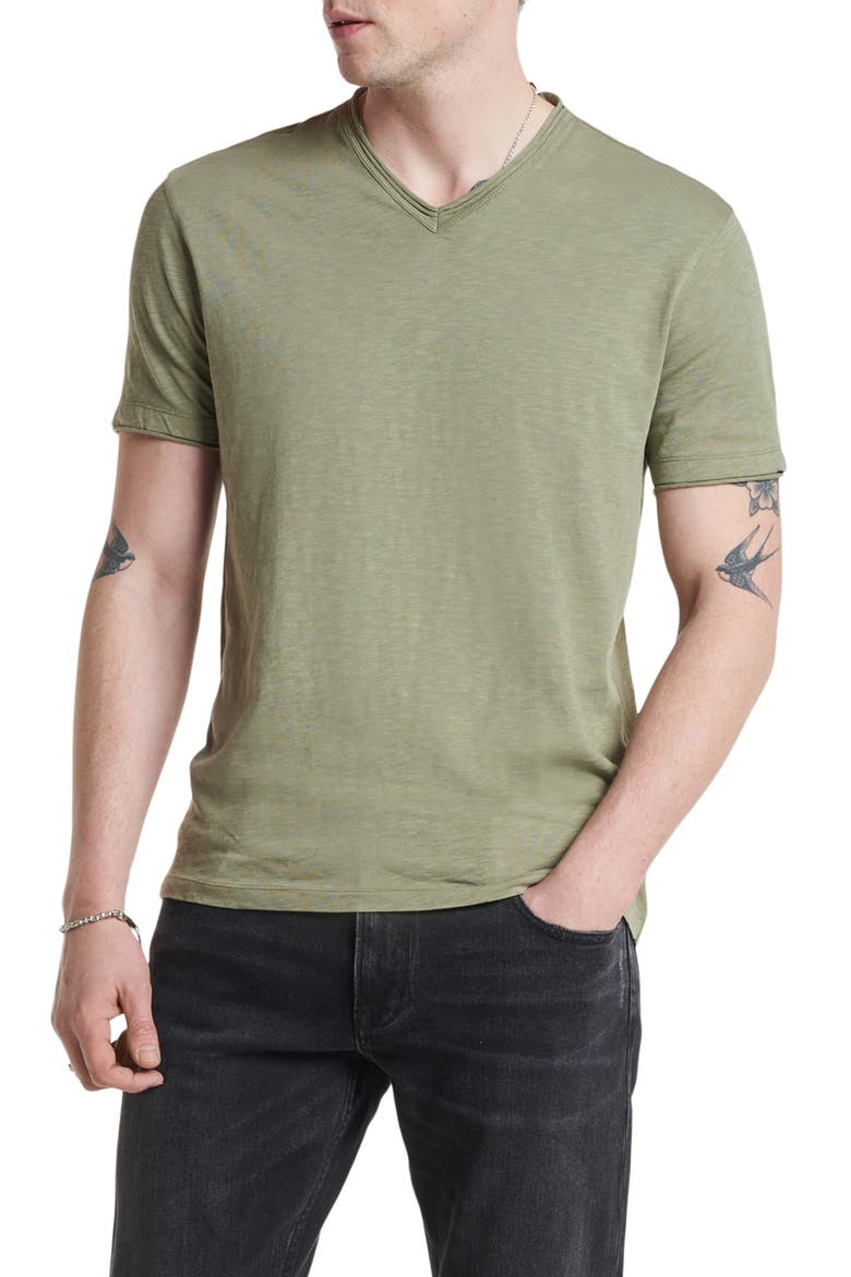 Miles Raw Edge Slub V-Neck T-Shirt, Main, color, LICHEN GREEN