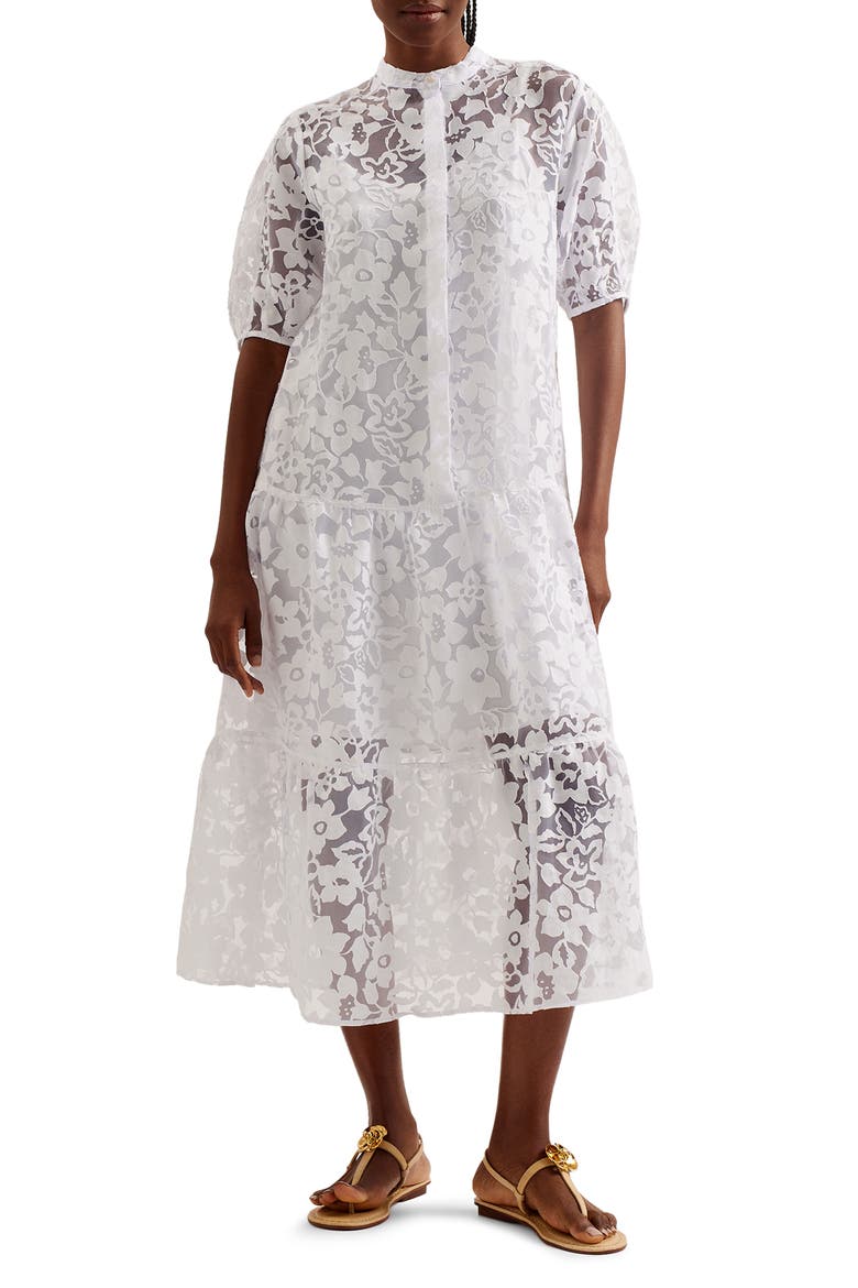 Claarey Floral Motif Midi Dress, Main, color, WHITE