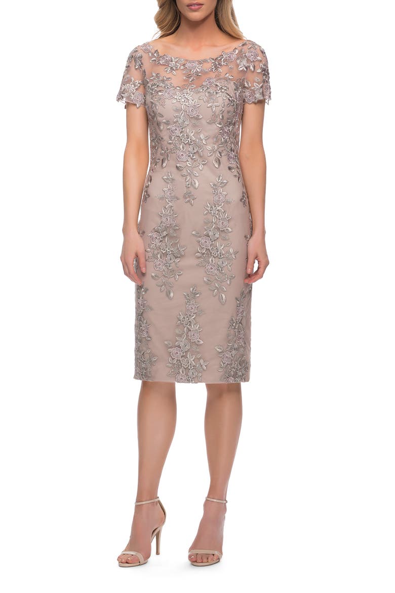 Short Sleeve Below the Knee Lace Dress, Main, color, Nude