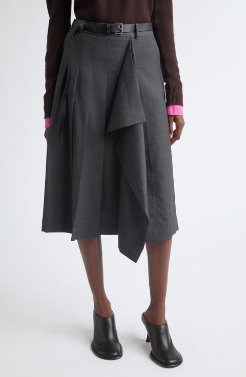 Pleated Asymmetrical Wool Blend Wrap Midi Skirt