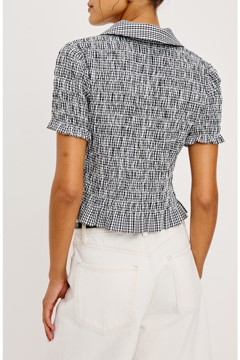 Alton Shirred Button-Up Crop Peplum Top, Alternate, color, BLACK GINGHAM