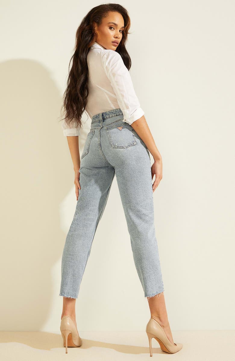 GUESS Distressed Raw Hem Ankle Mom Jeans, Alternate, color, Moonstone Blue