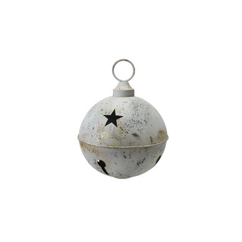 Large Metal Bell Ornament with Star Cut-Outs in Distressed Finish, White