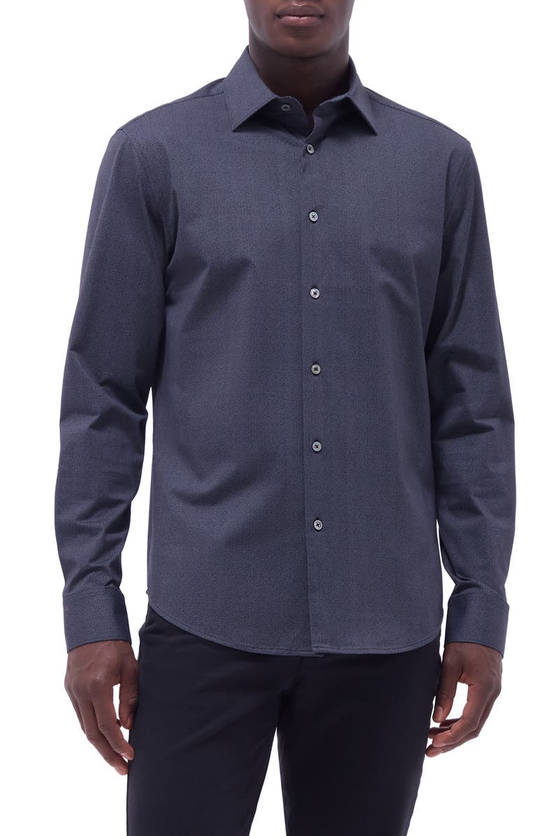 Bugatchi Jimmy OoohCotton<sup>®</sup> Herringbone Button-Up Shirt, Main, color, Black