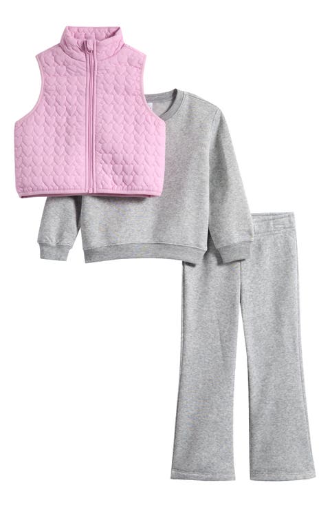 Kids' Heart Quilted Vest, Sweatshirt & Pants 3-Piece Set